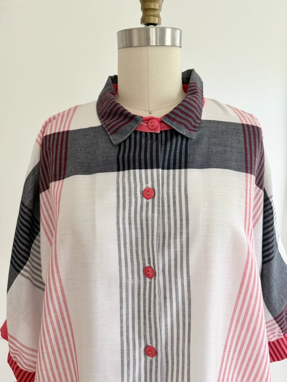 Vintage Plaid Shirt Dress Oversized Button Down Pink Gray White Casual - Picture 2 of 5